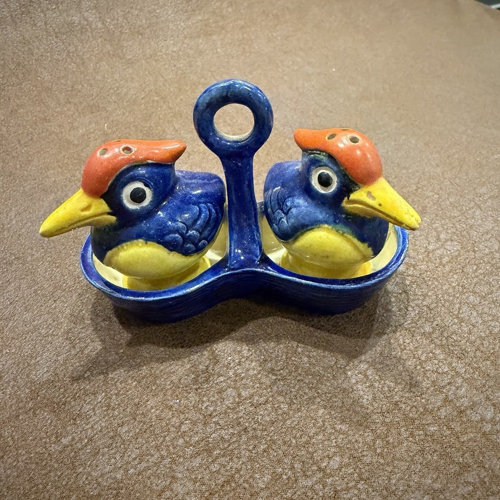 Vintage Japan Bird Salt & Pepper Shakers w/ Caddy Blue Yellow Red Ceramic MCM